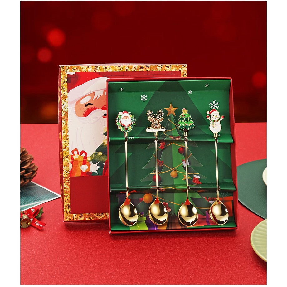 Set 4 Lingurite, Flippy, Tema Craciun, Model Carry The Merry, 4 Modele, din Otel Inoxidabil, 19.5 x 16 x 2 cm, Multicolor - vivimall.ro