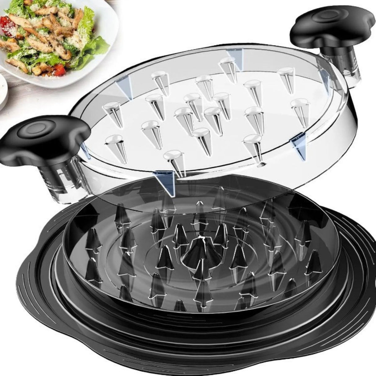 Tocator Manual pentru Carne, Flippy, cu Capac Transparent, Tocator de Pui Antiderapant, Manere Ergonomice, 25 x 25 x 5.5 cm, Negru - vivimall.ro