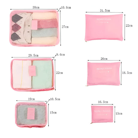 Set 6 Genți de Calatorie, Vivimall, pentru Depozitare, Impermeabile, Organizator, Multifuncționale, Design cu Plasa, Pliabile, Fermoar, Dimensiuni Diferite, Roz - vivimall.ro