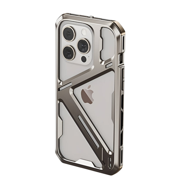 Husă Armor Metal iPhone 15 Pro Max, culoare Gri Titan, vedere frontală, margini galvanizate