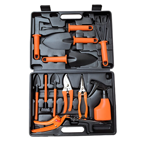 Set 12 Unelte De Gradina, Pentru Plantare Prelucrare Sol Si Ingrijire Plante, Manere Portocalii, Material Pvc Si Cardboard, Cutie Inclusa, 37X28 Cm, Negru - vivimall.ro