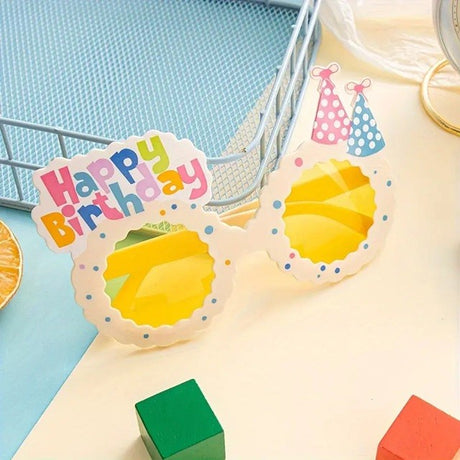Ochelari Decorativi, Vivimall, pentru Petrecere, din ABS, Unisex, Model Happy Birthday, 13.5 x 8.5 cm, Bej cu Lentile Galbene - vivimall.ro