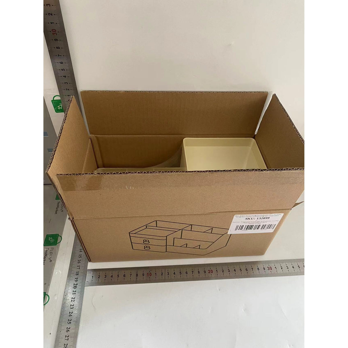 Cutie de Depozitare pentru Birou, Flippy, Pentru Makeup, Papetarie, Organizator Cosmetice, 2 Sertare si Compartimente Multiple, Model Iepuras, Plastic, 27.5x15.5x12 cm, Crem