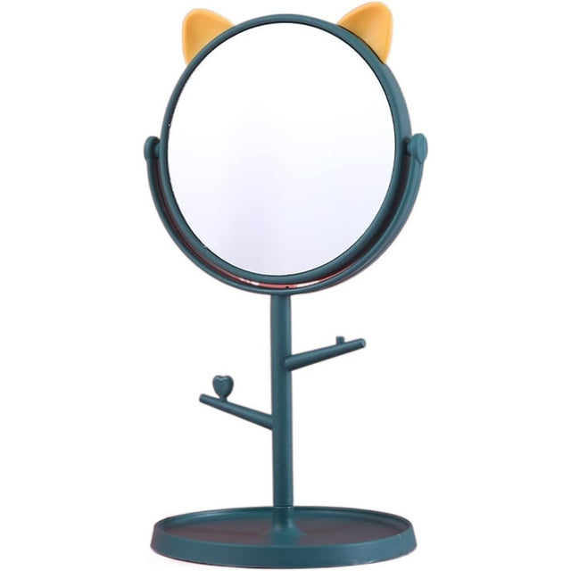 Oglina Cosmetica cu Picior, Vivimall, HD, Rotire 360 Grade, 15 cm Diametru, Suport Bijuterii Baza Rotunda + 2 Brate, Model cu Urechi, 31 x 14.5 x 15 cm, din Plastic, Albastru/Galben - vivimall.ro