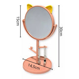 Oglina Cosmetica cu Picior, Vivimall, HD, Rotire 360 Grade, 15 cm Diametru, Suport Bijuterii Baza Rotunda + 2 Brate, Model cu Urechi, 31 x 14.5 x 15 cm, din Plastic, Roz/Galben - vivimall.ro