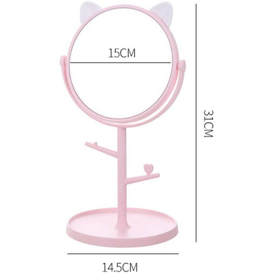 Oglina Cosmetica cu Picior, Vivimall, HD, Rotire 360 Grade, 15 cm Diametru, Suport Bijuterii Baza Rotunda + 2 Brate, Model cu Urechi, 31 x 14.5 x 15 cm, din Plastic, Roz/Alb - vivimall.ro