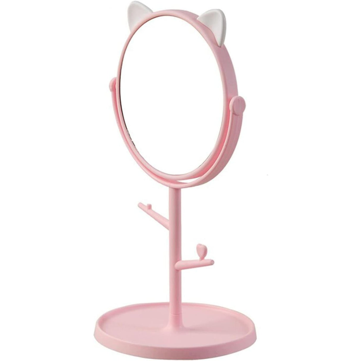 Oglina Cosmetica Cu Picior, Hd, Rotire 360 Grade, 15 Cm Diametru, Suport Bijuterii Baza Rotunda + 2 Brate, Model Cu Urechi, 31 X 14.5 X 15 Cm, Din Plastic, Roz/Alb - vivimall.ro