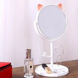 Oglina Cosmetica cu Picior, Vivimall, HD, Rotire 360 Grade, 15 cm Diametru, Suport Bijuterii Baza Rotunda + 2 Brate, Model cu Urechi, 31 x 14.5 x 15 cm, din Plastic, Alb - vivimall.ro