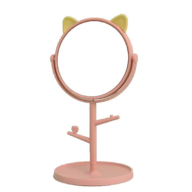 Oglina Cosmetica Cu Picior, Hd, Rotire 360 Grade, 15 Cm Diametru, Suport Bijuterii Baza Rotunda + 2 Brate, Model Cu Urechi, 31 X 14.5 X 15 Cm, Din Plastic, Roz/Galben - vivimall.ro