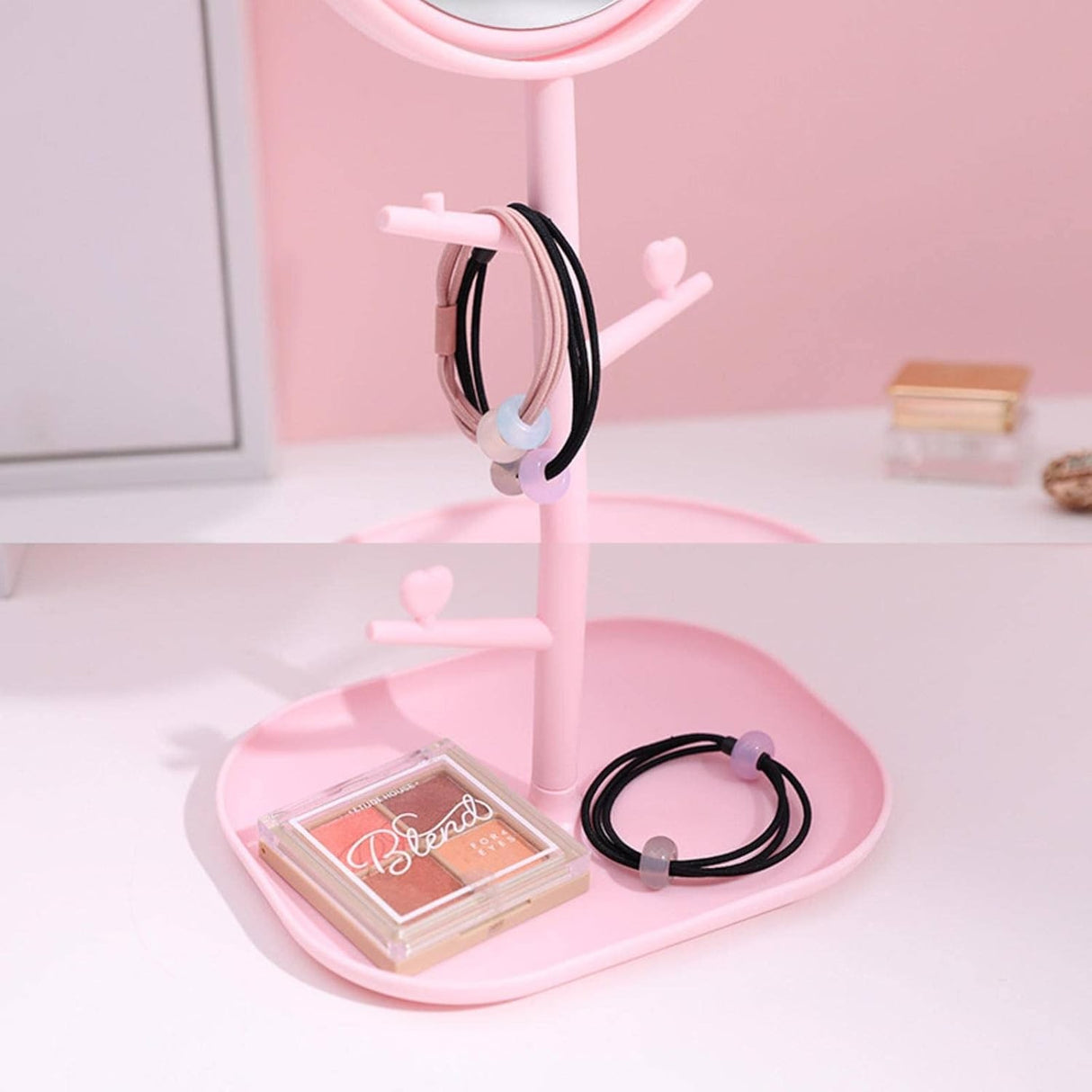 Oglina Cosmetica Cu Picior, Hd, Rotire 360 Grade, 15 Cm Diametru, Suport Bijuterii Baza + Brate, Model Cu Urechi, 30 X 16.5 X 15 Cm - vivimall.ro