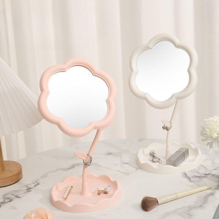 Oglindă de Machiaj pentru Birou, Vivimall, Rotativă, Detasabilă, Model de Floarea Soarelui, Suport pentru Inele, cu Depozitare, Alba - vivimall.ro