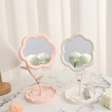 Oglindă de Machiaj pentru Birou, Vivimall, Rotativă, Detasabilă, Model de Floarea Soarelui, Suport pentru Inele, cu Depozitare, Alba - vivimall.ro