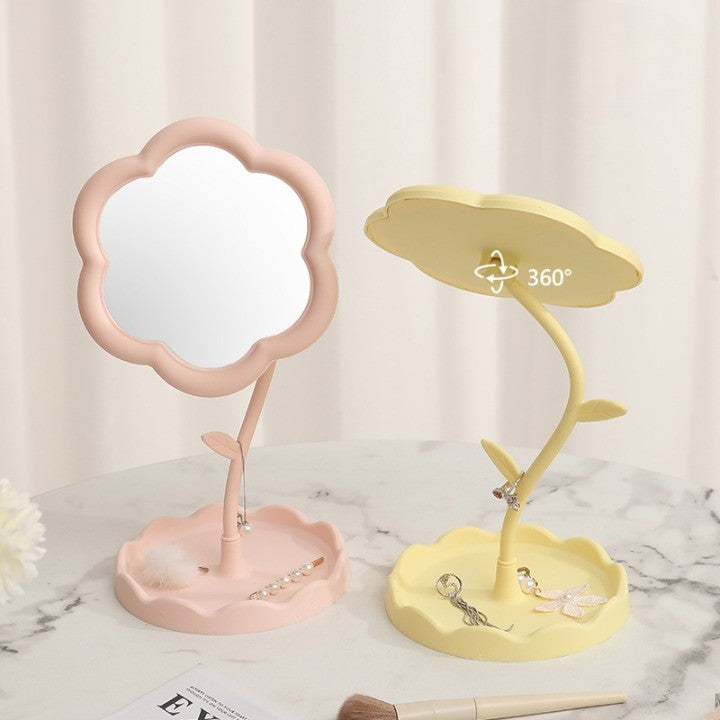 Oglindă de Machiaj pentru Birou, Vivimall, Rotativă, Detasabilă, Model de Floarea Soarelui, Suport pentru Inele, cu Depozitare, Galbena - vivimall.ro