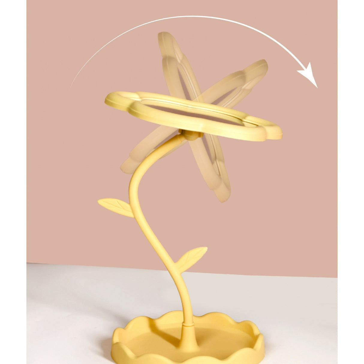 Oglindă de Machiaj pentru Birou, Vivimall, Rotativă, Detasabilă, Model de Floarea Soarelui, Suport pentru Inele, cu Depozitare, Galbena - vivimall.ro