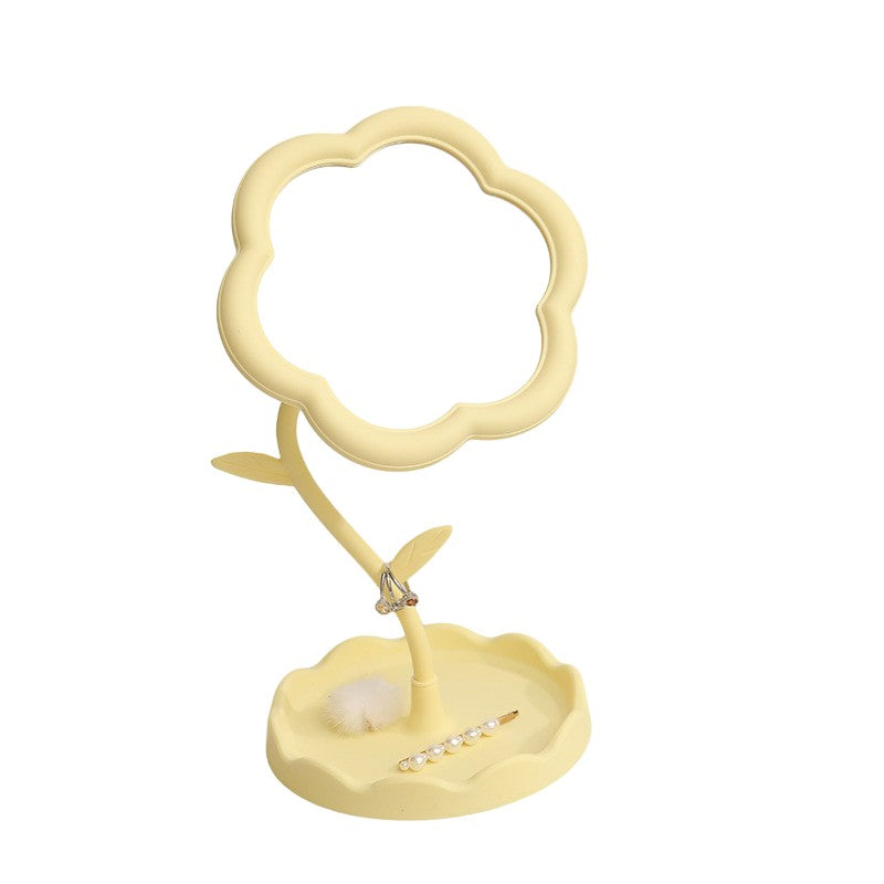 Oglindă de Machiaj pentru Birou, Vivimall, Rotativă, Detasabilă, Model de Floarea Soarelui, Suport pentru Inele, cu Depozitare, Galbena - vivimall.ro