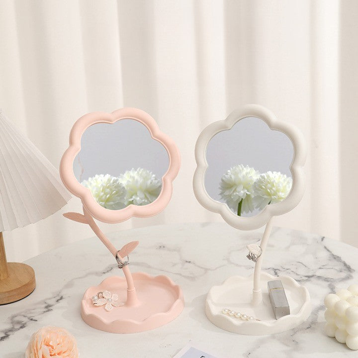 Oglindă de Machiaj pentru Birou, Vivimall, Rotativă, Detasabilă, Model de Floarea Soarelui, Suport pentru Inele, cu Depozitare, Roz - vivimall.ro