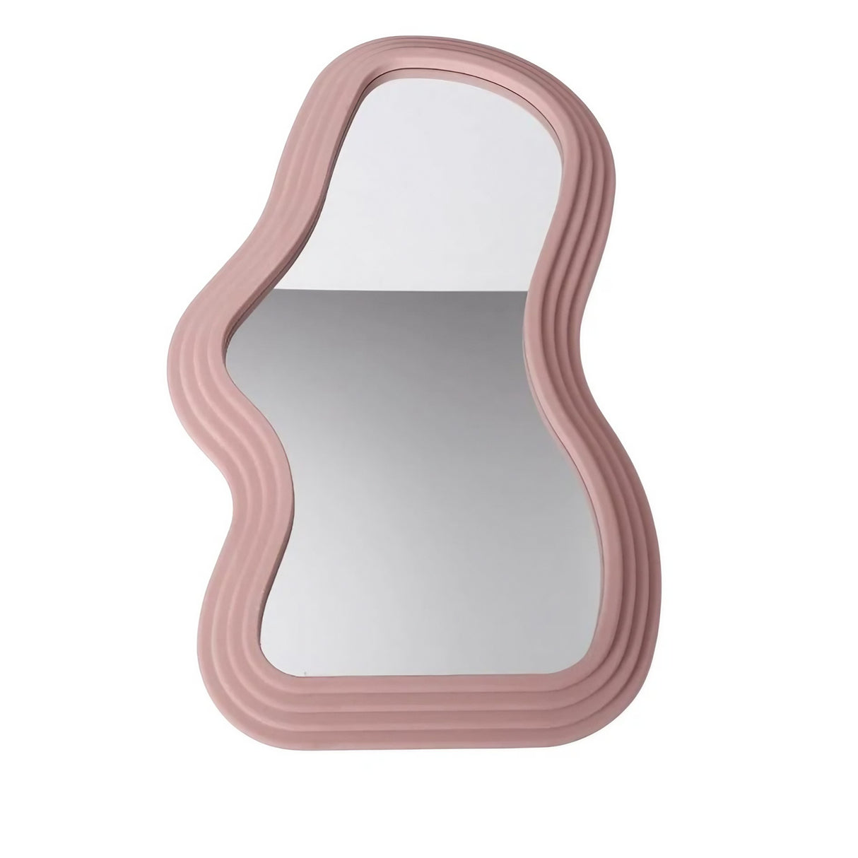 Oglindă de perete decorativă cu formă asimetrică, 40.3x26 cm, culoare roz, vedere frontală