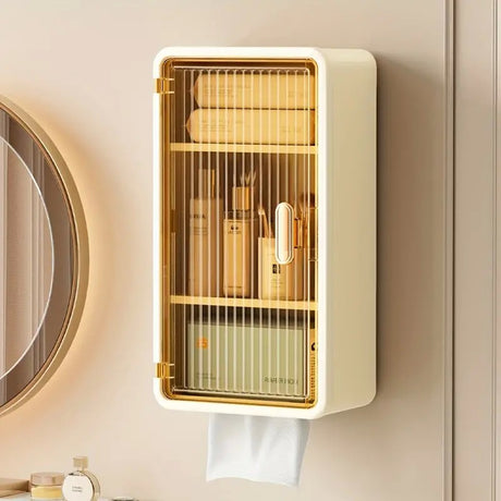 Organizator Cosmetice, Montare Pe Perete Fara Perforare, 36.5X10.9X20 Cm, Cu 3 Rafturi, Din Pp Si Abs, Bej, Usa Transparenta - vivimall.ro