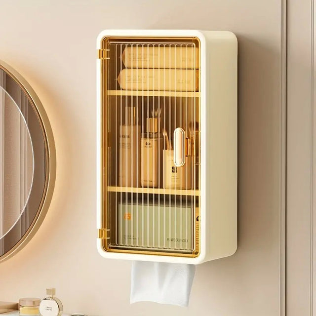 Organizator Cosmetice, Montare Pe Perete Fara Perforare, 36.5X10.9X20 Cm, Cu 3 Rafturi, Din Pp Si Abs, Bej, Usa Transparenta - vivimall.ro