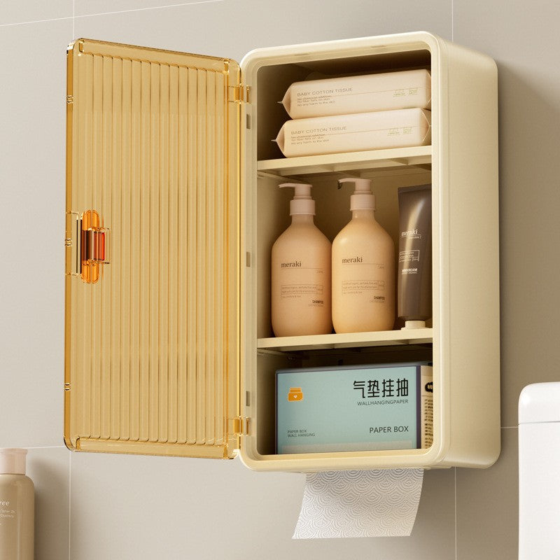 Organizator Cosmetice, Montare Pe Perete Fara Perforare, 36.5X10.9X20 Cm, Cu 3 Rafturi, Din Pp Si Abs, Bej, Usa Transparenta - vivimall.ro