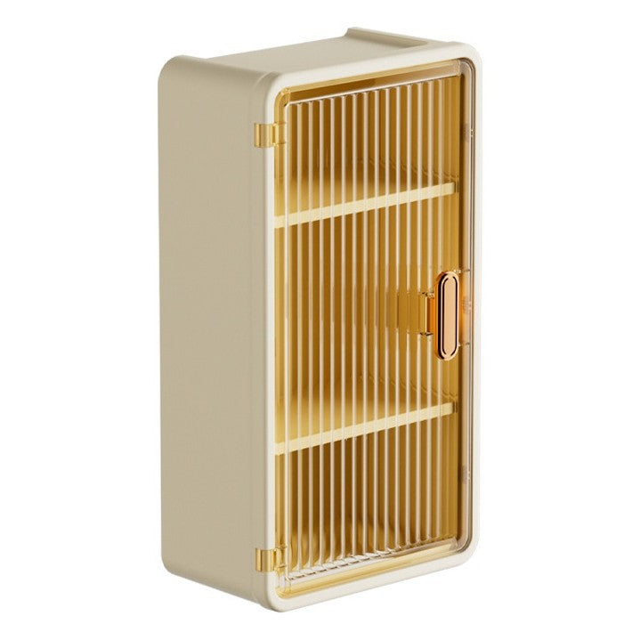 Organizator Cosmetice, Vivimall, Montare pe Perete fara Perforare, 36.5x10.9x20 cm, cu 3 Rafturi, din PP si ABS, Bej, Usa Transparenta - vivimall.ro