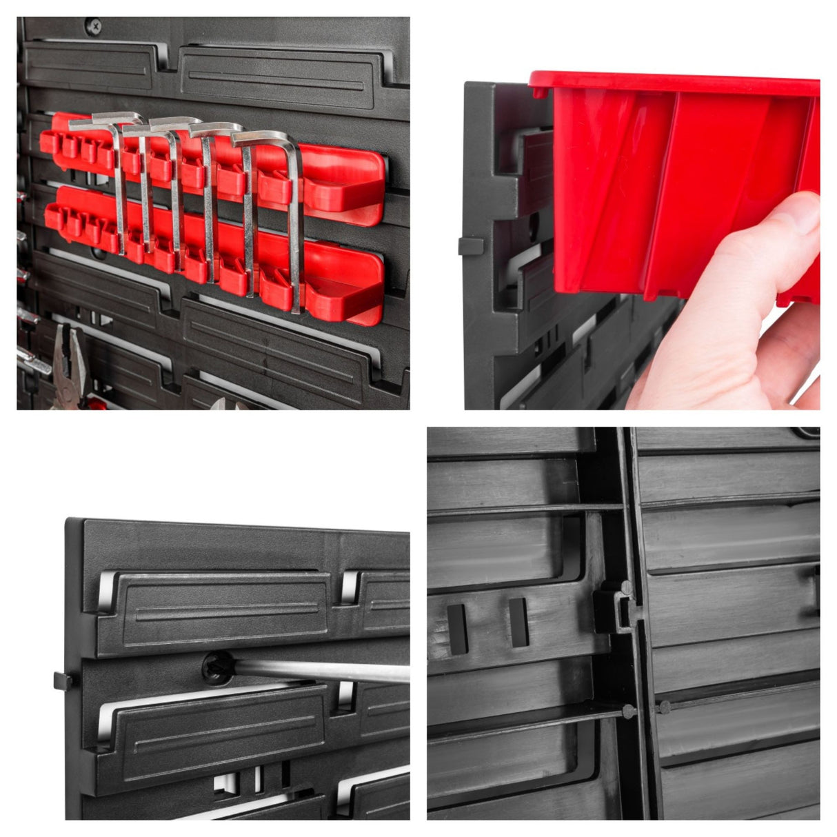 Sistem pegboard Flippy montat pe perete de garaj cu scule organizate: chei, șurubelnițe și clești