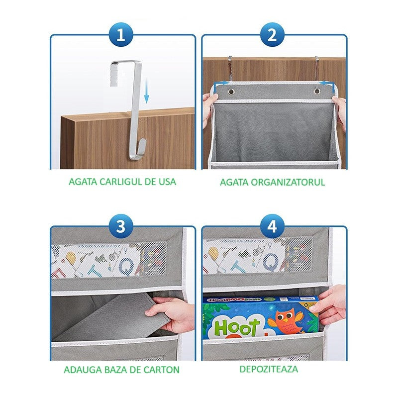 Organizator Suspendat Pentru Usi, Din Nailon Si Plasa, Baza De Carton Ingrosat, 5 Buzunare Principale + 5 Buzunare Laterale, 2 Carlige Incluse