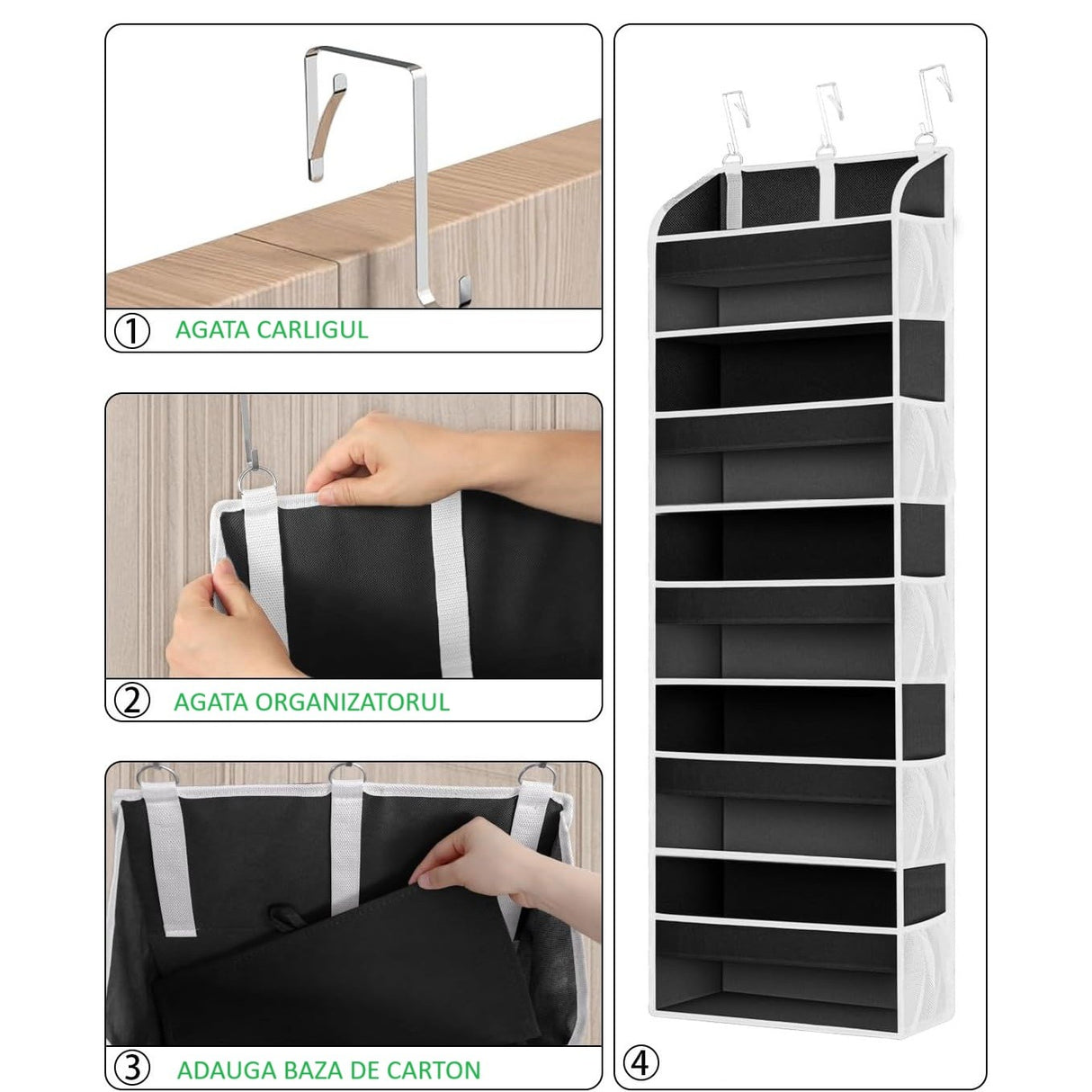 Organizator Suspendat Pentru Usi, Din Nailon Si Plasa, Baza De Carton Ingrosat, 5 Buzunare Principale + 10 Buzunare Laterale, 3 Carlige Incluse