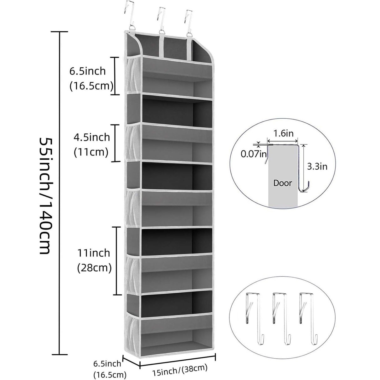 Organizator Suspendat Pentru Usi, Din Nailon Si Plasa, Baza De Carton Ingrosat, 5 Buzunare Principale + 10 Buzunare Laterale, 3 Carlige Incluse