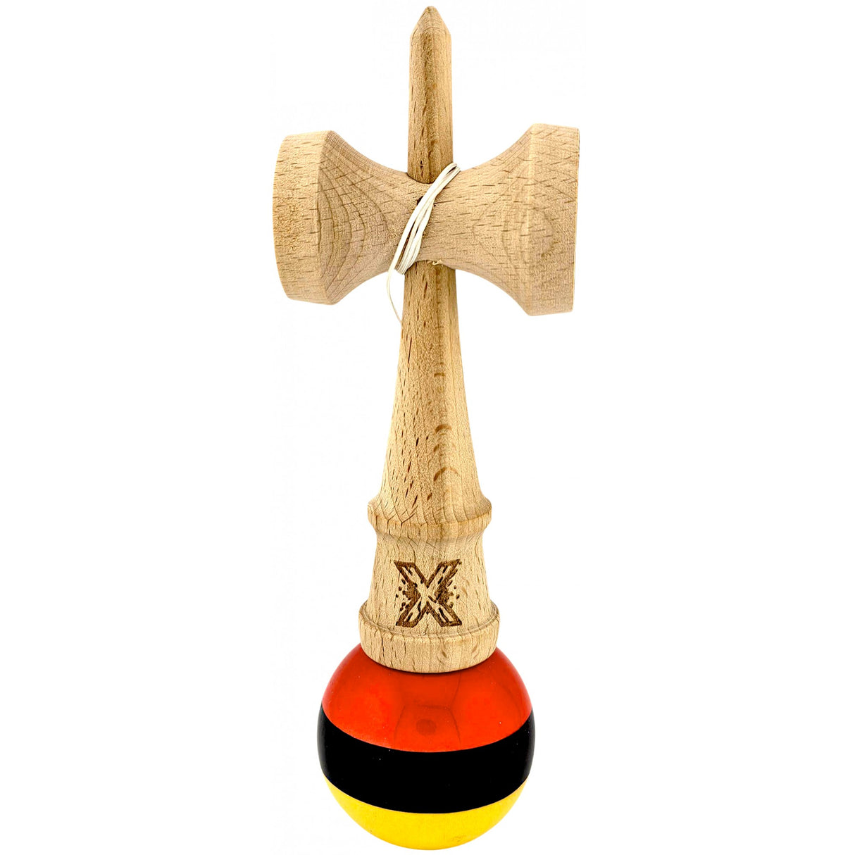 Kendama X Originala, Profesionala, Flippy, Super, Sticky din Lemn, 18 cm, Rosu/Negru/Galben