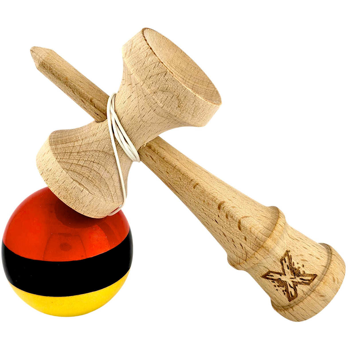 Kendama X Originala, Profesionala, Flippy, Super, Sticky din Lemn, 18 cm, Rosu/Negru/Galben