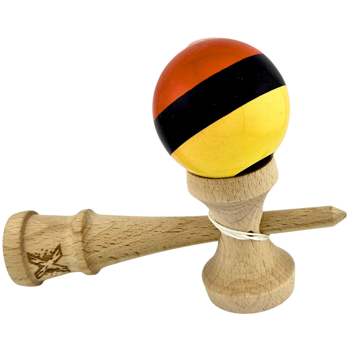 Kendama X Originala, Profesionala, Flippy, Super, Sticky din Lemn, 18 cm, Rosu/Negru/Galben