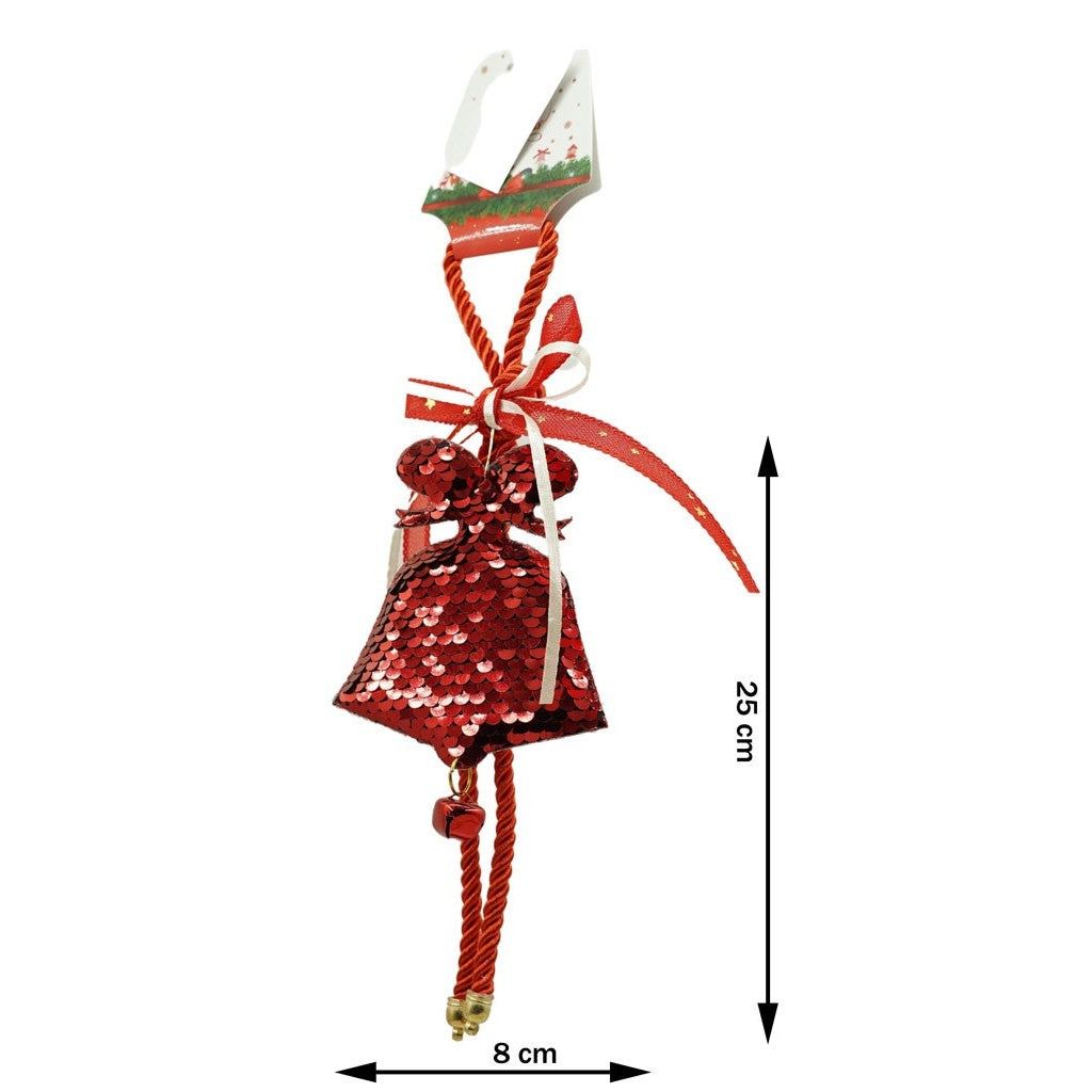 Ornament de brad clopotel cu paiete, Flippy, rosu, lemn, 25 cm - vivimall.ro