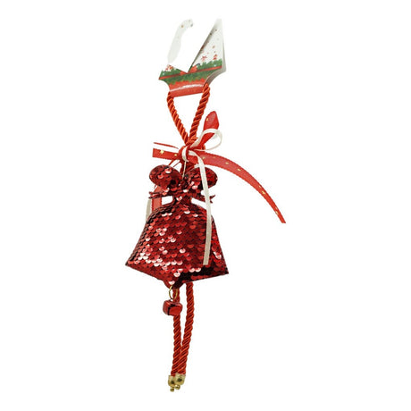 Ornament de brad clopotel cu paiete, Flippy, rosu, lemn, 25 cm - vivimall.ro