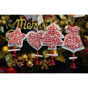 Ornament de brad clopotel din tweed, Flippy, alb/rosu, lemn, 18 cm - vivimall.ro