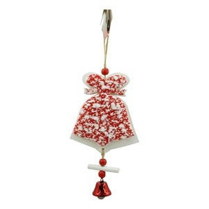 Ornament de brad clopotel din tweed, Flippy, alb/rosu, lemn, 18 cm - vivimall.ro