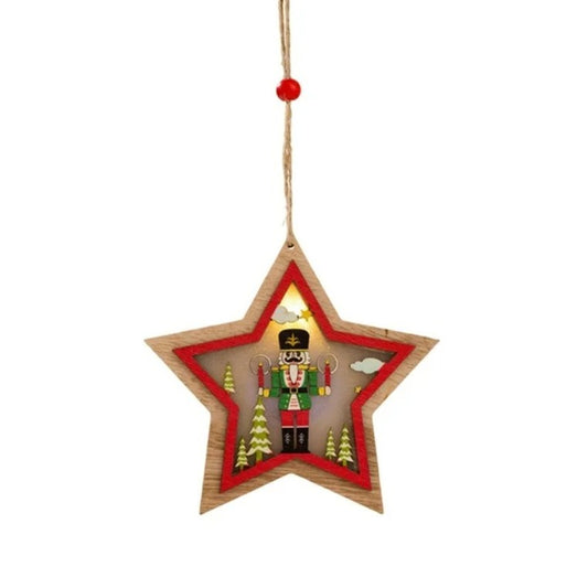 Ornament de Brad, Vivimall, cu Lumini LED, din Lemn, Figurina Spargatorul de Nuci, Model Stea, Multicolor - vivimall.ro