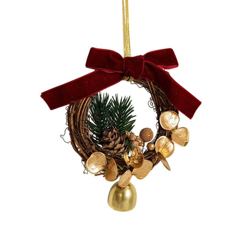 Ornament de Brad, Flippy, tip Coronita de Craciun cu 1 Clopotel cu Flori Aurii si Conuri de Brad, Panglica Rosie de Velvet, 14 x 10 cm, Rosu - vivimall.ro