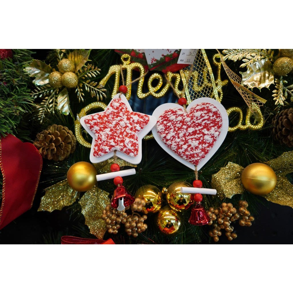 Ornament de brad inima din tweed, Flippy, alb/rosu, lemn, 18 cm - vivimall.ro