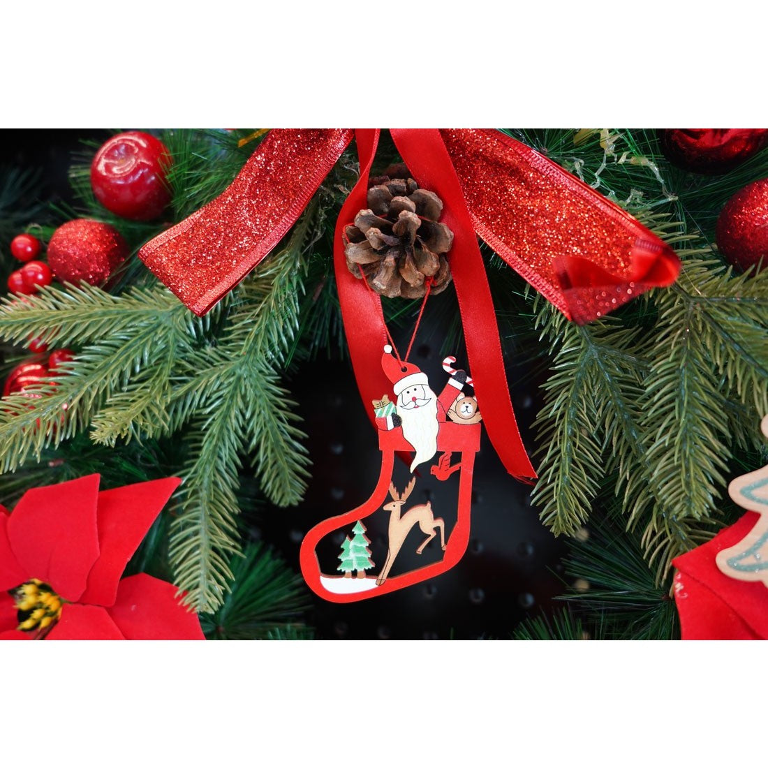 Ornament De Brad Mos Craciun Cu Cerb, Lemn, 10 Cm