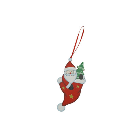 Ornament de brad om de zapada in ciorap, Flippy, rosu, lemn, 14 cm - vivimall.ro