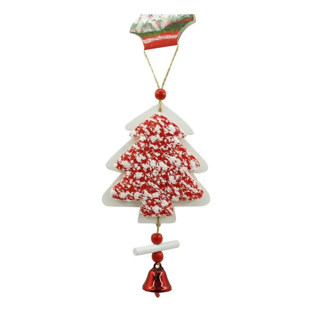 Ornament de brad pom de craciun din tweed, Flippy, alb/rosu, lemn, 18 cm - vivimall.ro