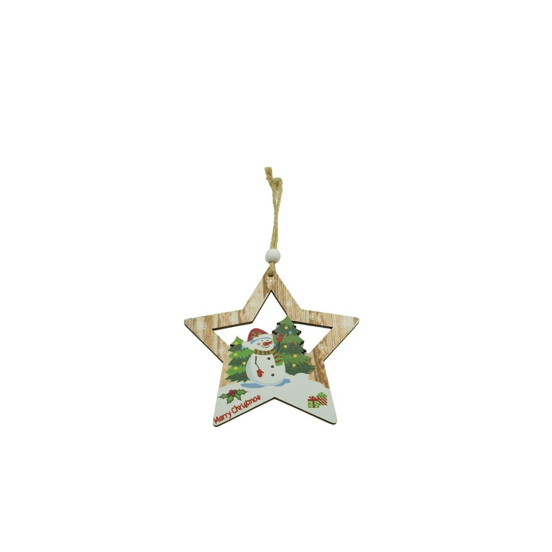Ornament de brad stea cu om de zapada, Flippy, multicolor, lemn, 9.9 cm - vivimall.ro