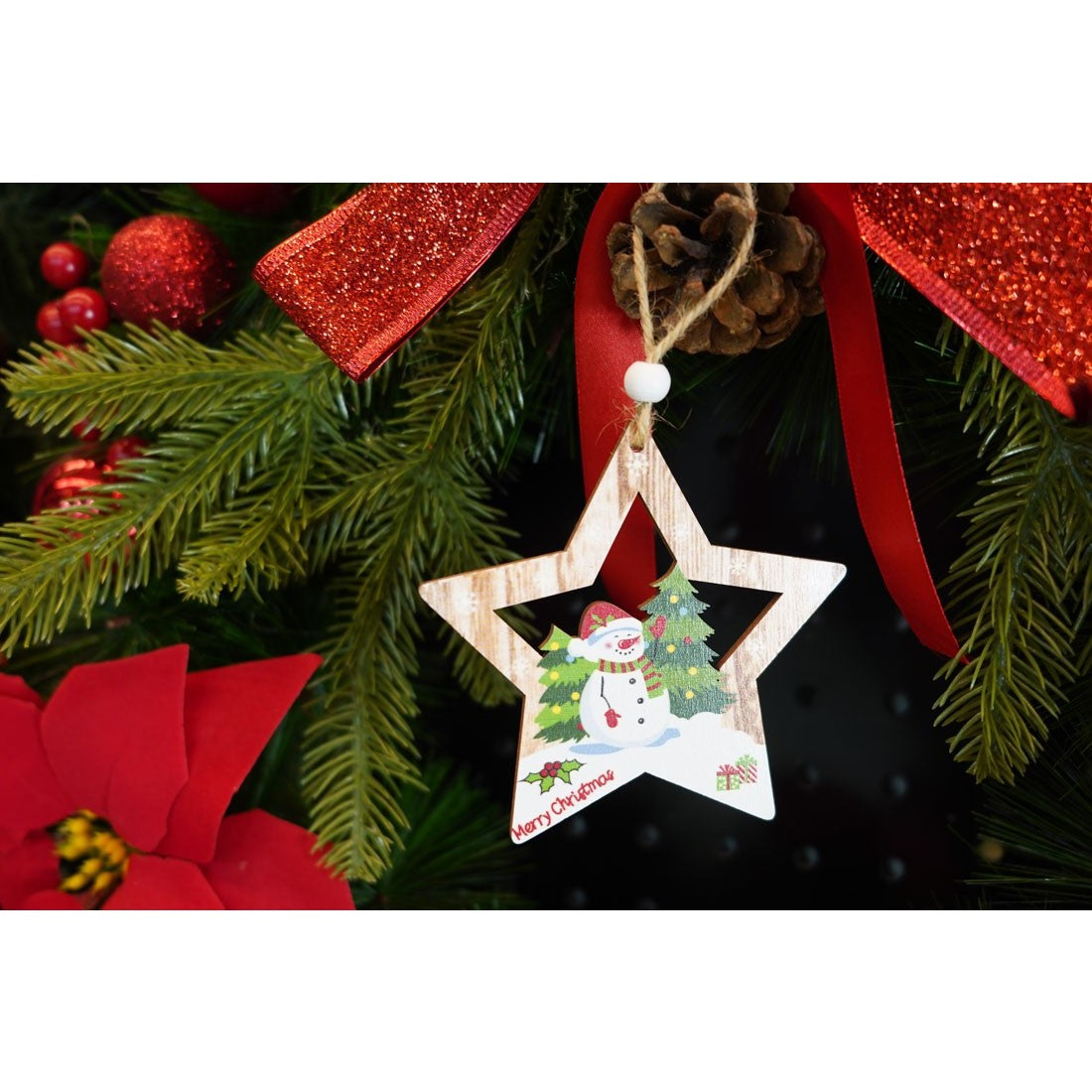 Ornament De Brad Stea Cu Om De Zapada, Lemn, 9.9 Cm