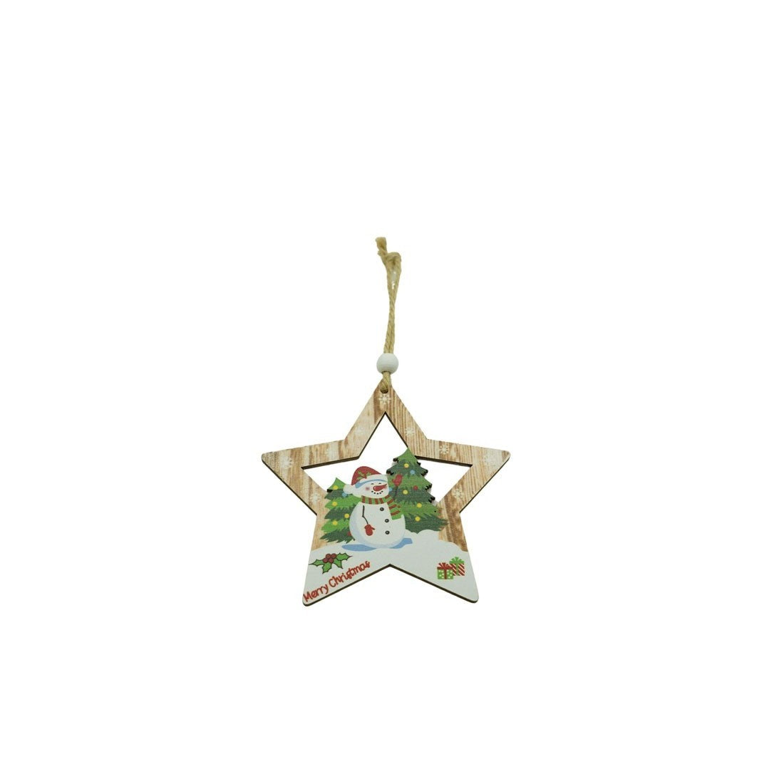 Ornament De Brad Stea Cu Om De Zapada, Lemn, 9.9 Cm
