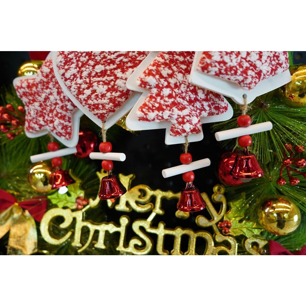 Ornament de brad stea din tweed, Flippy, alb/rosu, lemn, 18 cm - vivimall.ro