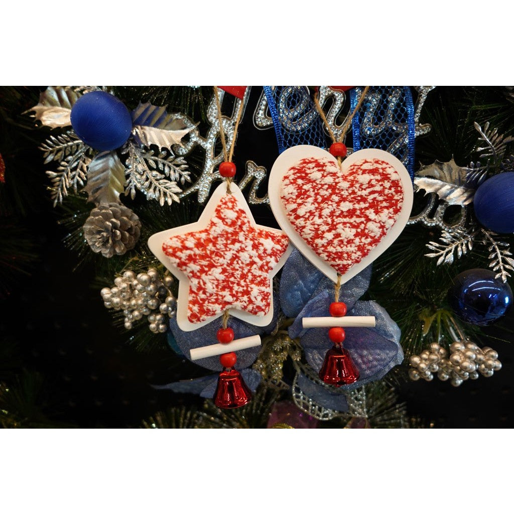 Ornament de brad stea din tweed, Flippy, alb/rosu, lemn, 18 cm - vivimall.ro