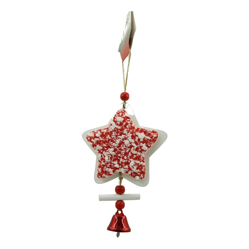 Ornament de brad stea din tweed, Flippy, alb/rosu, lemn, 18 cm - vivimall.ro