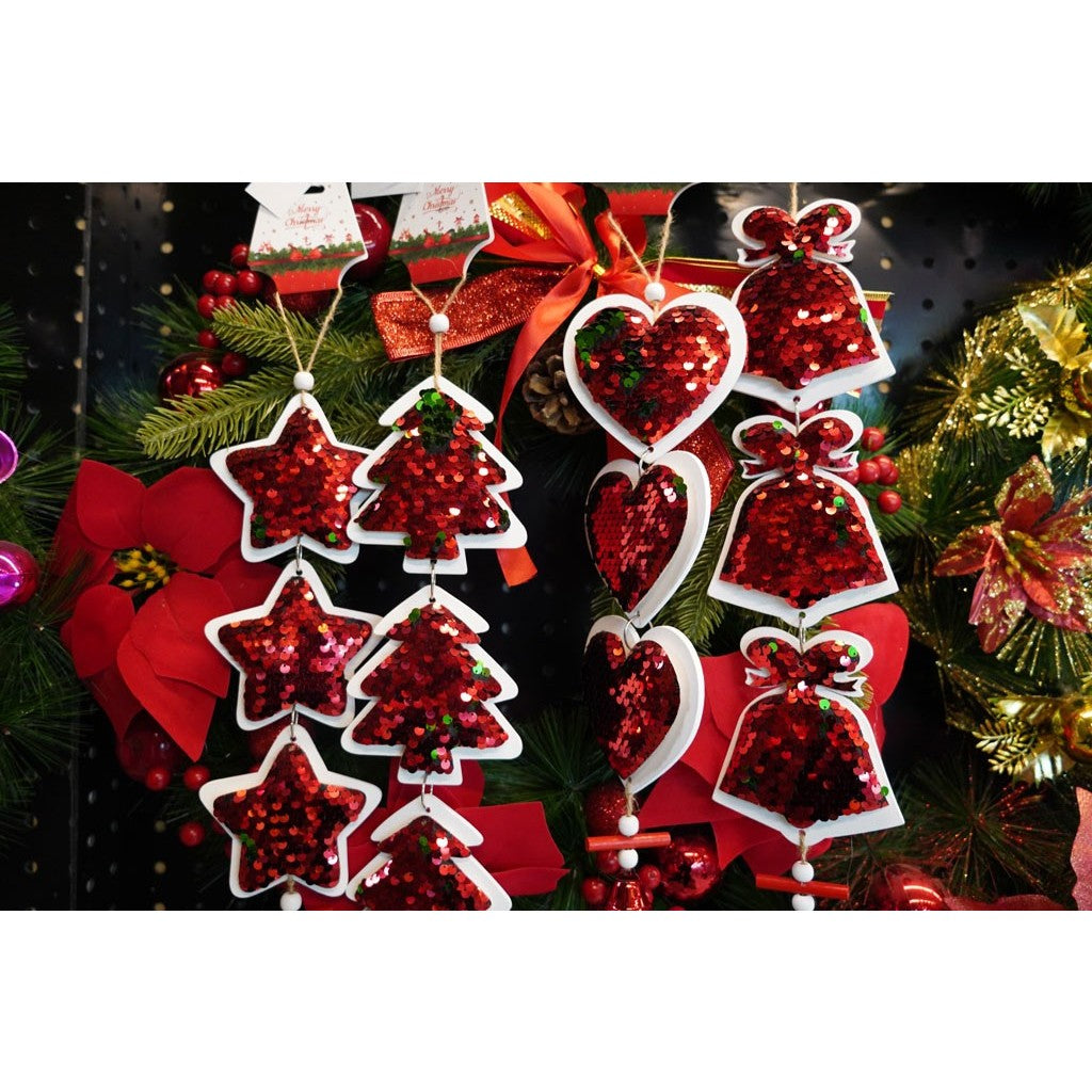 Ornament de brad trei brazi cu paiete, Flippy, rosu, lemn, 36 cm - vivimall.ro