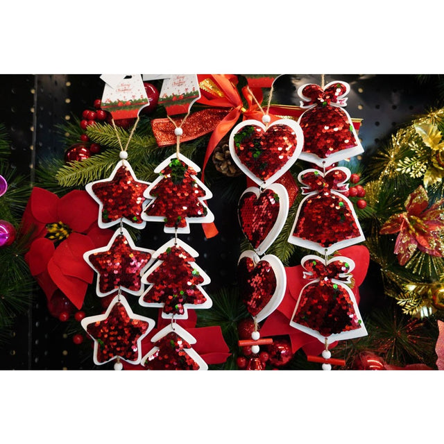 Ornament de brad trei brazi cu paiete, Flippy, rosu, lemn, 36 cm - vivimall.ro